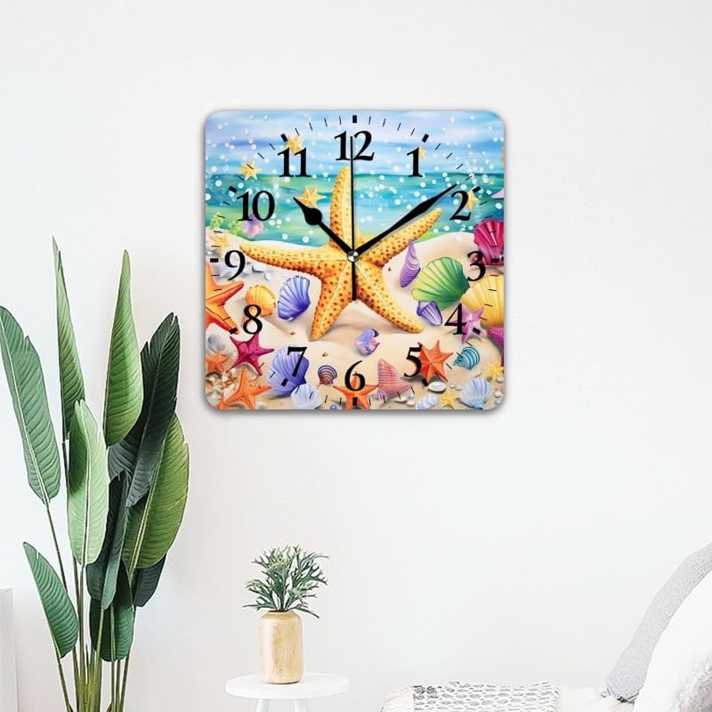 Quartz Wall Clocks Non-Ticking Silent Battery Operated Modern Wall Clocks Decorative for Home,Bedroom-Colorful Starfish and Seashells On The Beach(14inch)