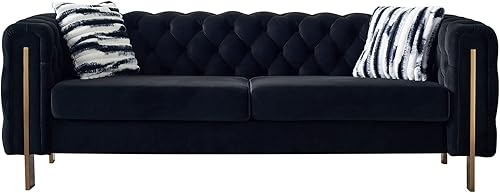 Miniatura 3 de Sofá moderno para sala de estar, sofá tapizado de terciopelo de 84 pulgadas con botones y 2 almohadas y patas de metal, muebles decorativos para