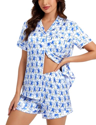 Image of SWOMOG Womens Silk Satin Pajamas Set Short Sleeve Sleepwear Button Down Top and Shorts Loungewear 2 Piece Pjs Set XS-3XL