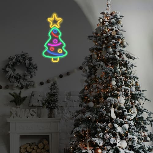 Image of Christmas Tree Neon Sign, Xmas Trees LED Neon Signs for Wall Decor Art, USB Powered Acrylic Neon Lights for Bedroom Kids' Room Home Decoration Birthday Bar Wedding Party Gifts