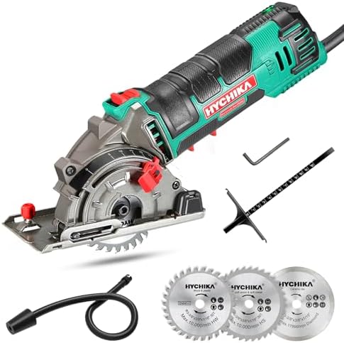 HYCHIKA Mini Kreissäge, Handkreissäge mit 3 Sägeblättern, Skalenlineal, 500W Motor aus reinem Kupfer, 4500RPM, Ideal für Holz-, Weichmetall-, Fliesen- und Kunststoffschnitte