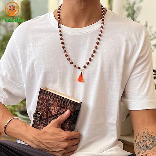 NAISHA Rudraksha & Crystal Sphatik Mala 108 +1 Beads Necklace, Natural 5 Faced Himalaya Rudraksh Prayer Bead, Wrist Wrap Jaap Mala, Size 7 mm (1 Pack) - Image 5