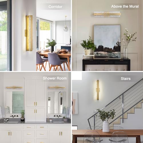 Image of Modern Crystal Wall Sconce, 24 Inch Hardwired Wall Lamp, 4000K Dimmable Gold Sconce Wall Lights Indoor Wall Mount, 34W Wall Light Fixtures for Bathroom Vanity Light, Porch, Washroom