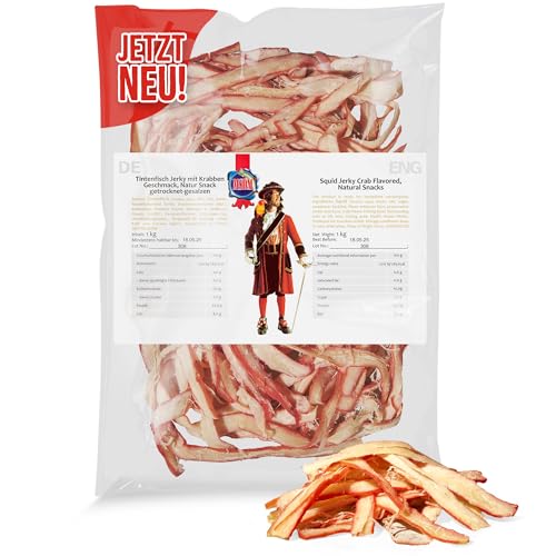 Tintenfisch Krabben Geschmack 1kg - Fisch Jerky I High Protein I Snacks I Trockenfisch Omega 3 I Beef Jerky, Trockenfleisch & Chips Alternative Keto Salat Topping