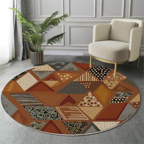 Tapis rond motif triangle brun rouille lavable pour décoration de chambre