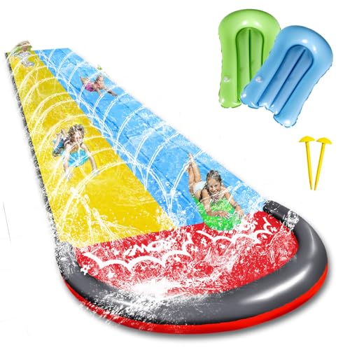 15,8ft/480cm Scivolo ad Acqua,Doppio Scivolo d'Acqua con 2 Tavole Gonfiabili,Scivolo per Prato con Irrigatore Integrato,Giocattolo Estivo per Bambini e Adulti,Giochi Acquatici per Giardino e Spiaggia