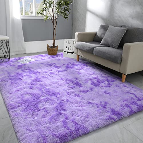 Hutha 6X9 Large Area Rugs For Living Room, Super Soft Fluffy Modern Bedroom Rug, Tie-Dyed Purple Indoor Shag Fuzzy Carpets For Girls Kids Nursery Room Home Decor #TOP5