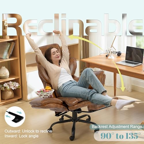 Image of Flip Armrests Criss Cross Office Chair, Reclining Office Chair with Foot Rest, Adjustable Headrest, Massage Waist Pillow, Cross Legged Big and Tall Desk Chair Wide Seat Vanity Chair, Brown PU Leather
