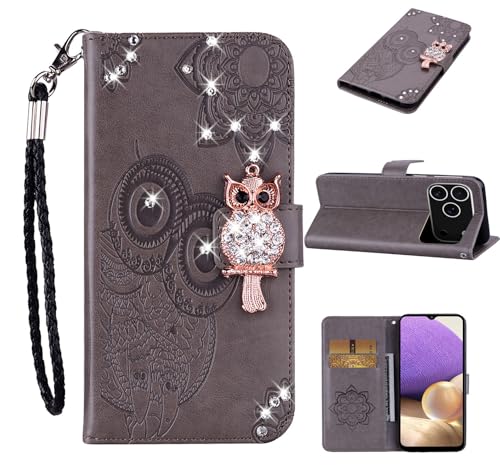 LEMAXELERS Carcasa para iPhone 17 Pro MAX Funda Diamante Brillo Búho PU Cuero Carcasa Flip Libro con Ranuras para Tarjetas de Soporte y Solapa con Cierre magnético YK Owl Gray