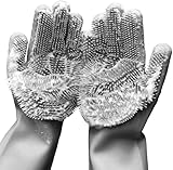 Forliver Silicone Dish Washing Cleaning Sponge Gloves, Dog Care, Silicone Reusable Rubber Brush Scrubber Gloves for Pet Grooming Bathing, Car Washing. 1 Pair (13.6" Large)