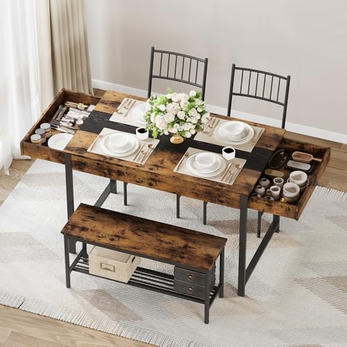 GarveeHome Dining Table Set for 4, Small Kitchen Table and 2 Chairs for 4 with Bench, Space Saving Kitchen Table Set with Storage Rack & Drawers, Breakfast Nook Rectangular Farmhouse Table Set,Retror