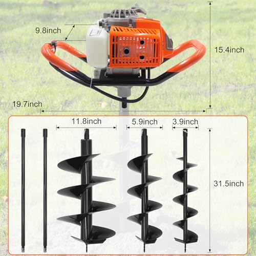 72CC Auger Post Hole Digger, 2 Stroke Gas Powered Earth Post Hole Digger with 3 Auger Drill Bits(4" & 6" & 12") + 2 Extension Rods for Farm Garden Plant, Orange (72cc+3 Auger(4"6"12")+2 Ext)