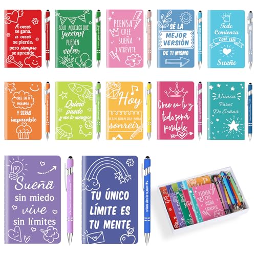 Yuecda 12 libretas en formato mini y 12 bolígrafos con frases motivadoras en español: el regalo ideal para estudiantes, profesores, colegios y oficinas.