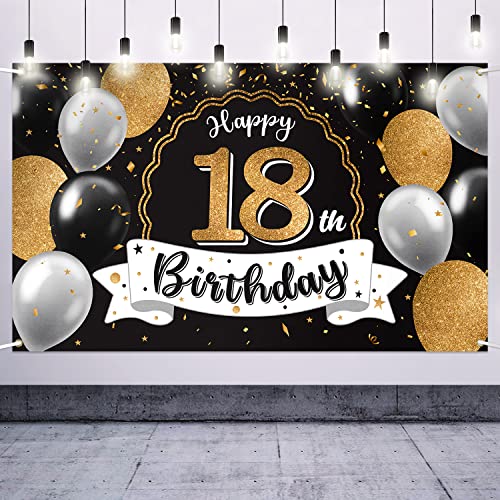 Nelbiirth Happy 18th Birthday Decorations,18th Black & Gold Balloon Large Birthday Banner Backdrop Sign - Cheers to Eighteen Years Old Bday Party Decoration. by Nelbiirth - Used condition - US$12.62