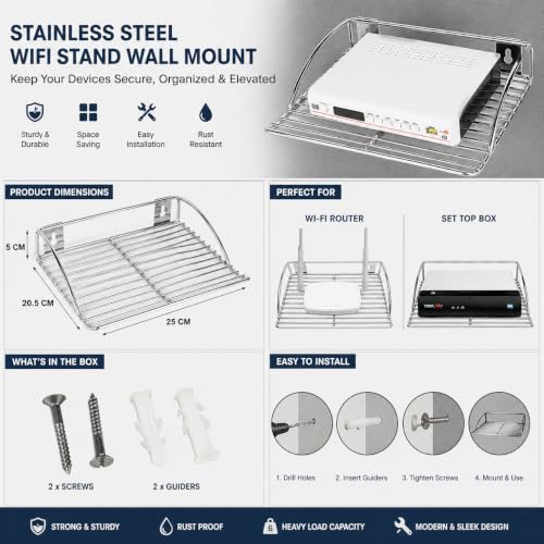 Image of Namani Stainless Steel WiFi /Setop Box Stand Holder Wall Shelf /Living Room WiFi Router Holder /WiFi Stand tv Setop Box, Bathroom Shelf Wall Mount Silver for Home & Bedroom Decor (Pack of 1)