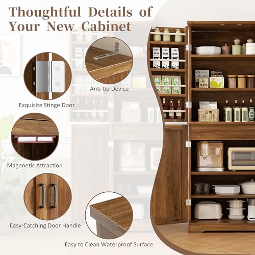Image of Shintenchi Kitchen Pantry Cabinet, Farmhouse Tall Cupboard, Rustic Brown