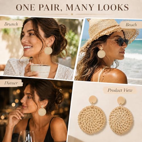 Image of Handmade Raffia Rattan Boho Earrings Summer Beach Vacation Jewelry
