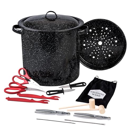 Granite Ware 15-Piece Seafood Set with 15.5 Qt Stock Pot, Lid & Steamer Insert and Seafood Tool Kit for Crab, Lobster, Shrimp Boiling.