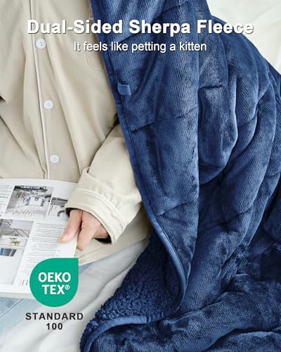 Image of Ultra-Soft Weighted Blanket for Adults(15 lbs, 60 inch x 80 inch Queen Size) Plaid Sherpa Fleece Reversible Heavy Blanket with Glass Beads, Perfect for 140-190 lbs, Machine Washable, Navy Blue