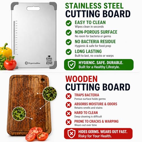 Image of Organizemee Steel Chopping Board Medium 31.8x21cm, Stainless Steel Cutting Board for Kitchen Use, Everyday Rust-Proof Chopping Board with Non-Skid Silicon Corner Pads for Vegetables and Fruit