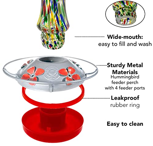 Grateful Gnome Hummingbird Feeder For Outdoor Hanging Hand Blown Glass - Red Speckled Mushroom - 26 Fl. Oz - S-Hook Included #TOP1