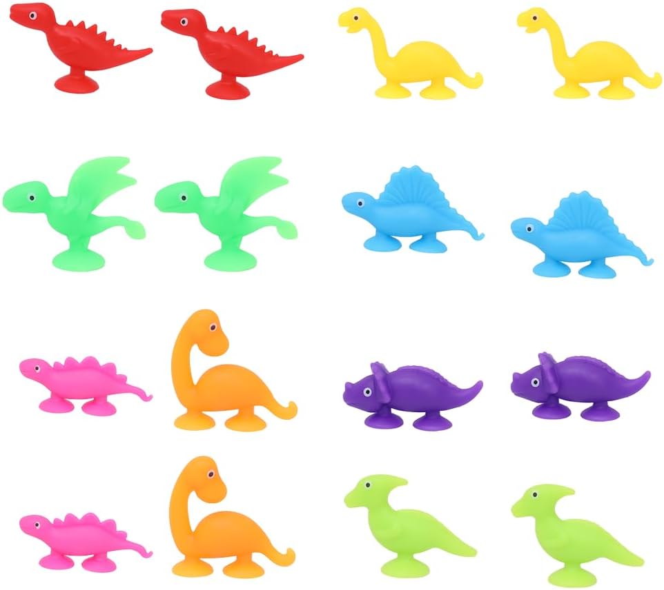 16 PCS Suction Cup Toys No Hole Bathtub Shower Toy Party Favor for Kids ,Dinosaur Silicone Sucker Toys Travel Window Toy for Toddlers Boys Girls
