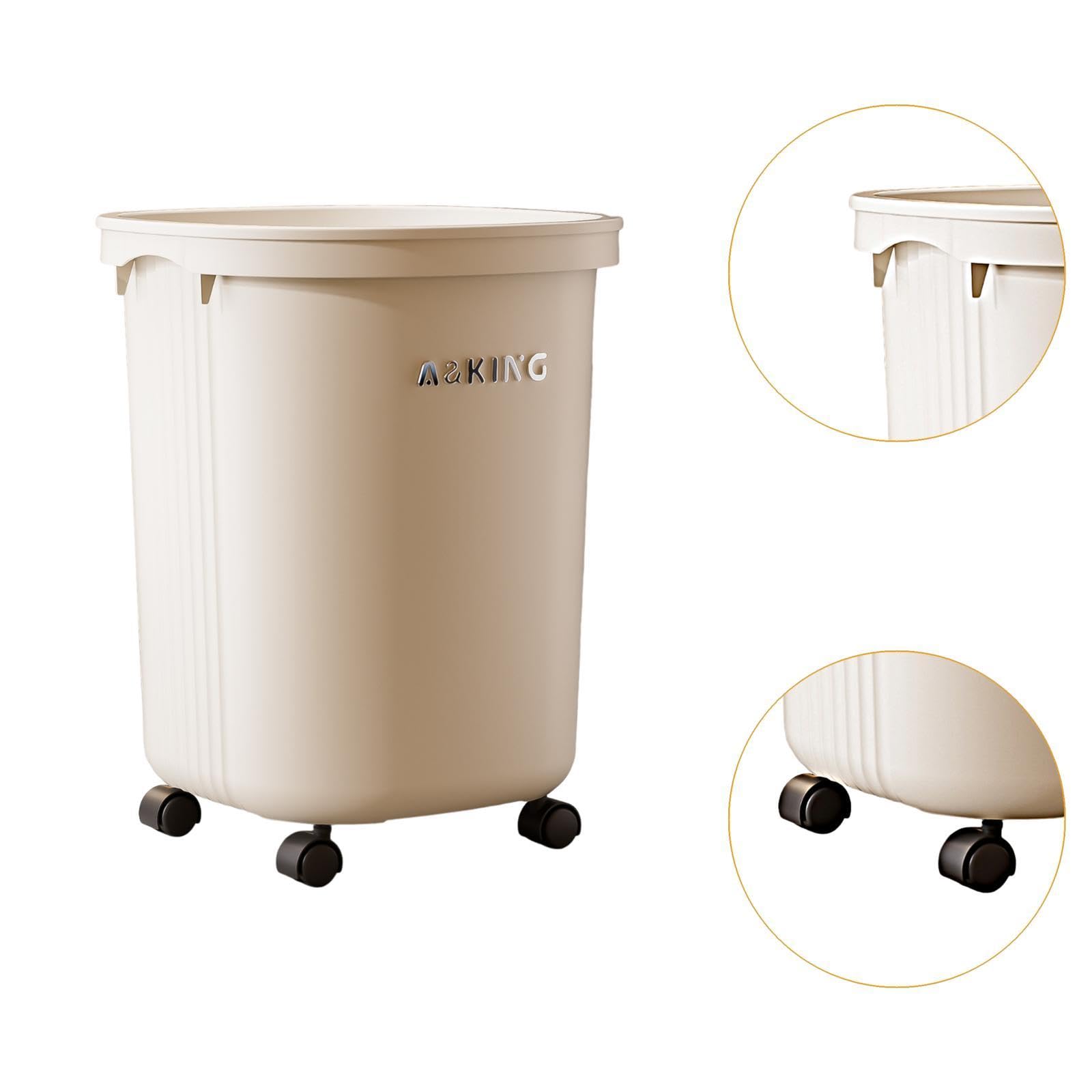 Bote de Basura con Ruedas Cubo de Basura Espacioso 30L Papelera Movible con Ganchos Laterales Contenedor de Residuos Decorativo Y Práctico Material PP, Blanco, Individual