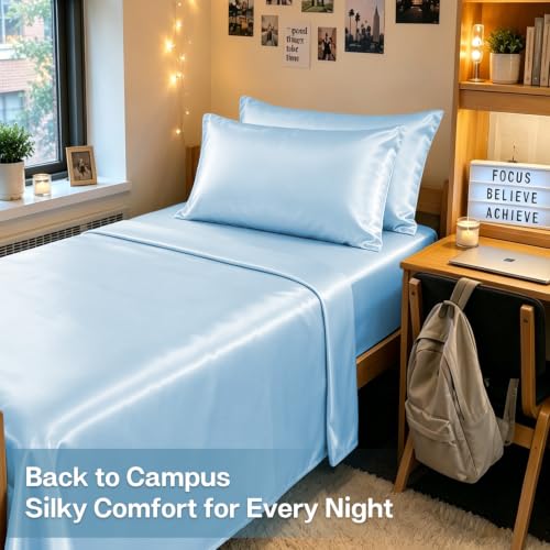 Image of MR&HM Satin Pillowcase for Hair and Skin, Silk Satin Pillowcase 2 Pack, King Size Pillow Cases Set of 2, Silky Pillow Cover with Envelope Closure (20x40, Light Blue)