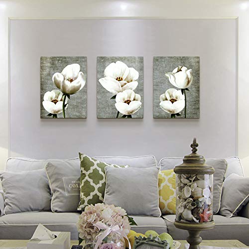 Image of Vintage Style White Flowers Abstract Wall Art - 3 Panels Modern Family Decor For Living Room, Bedroom, Bathroom, Kitchen