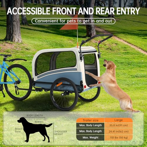 SEPNINE 2-in-1 XL Fahrradanhänger für Hunde, Hundeanhänger für Fahrrad - mit Dachöffnung, Reflektoren & Reflexstreifen, mit Schiebestange & Universal-Fahrradkupplung, Faltbar, Bis 50 kg, Blau