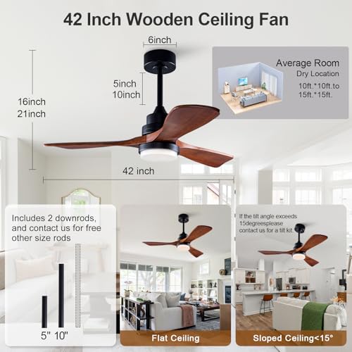 Image of 42 Inch Outdoor Ceiling Fans with Lights and Remote Control, Dimmable Outdoor Ceiling Fans for Patios 3 Blade Wood Black Walnut Bedroom Ceiling Fan with Light, Wall Switch
