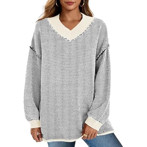 Saodimallsu Womens Oversized V Neck Sweaters Cable Knit Batwing Sleeve Drop Shoulder Tunic Tops White Cover