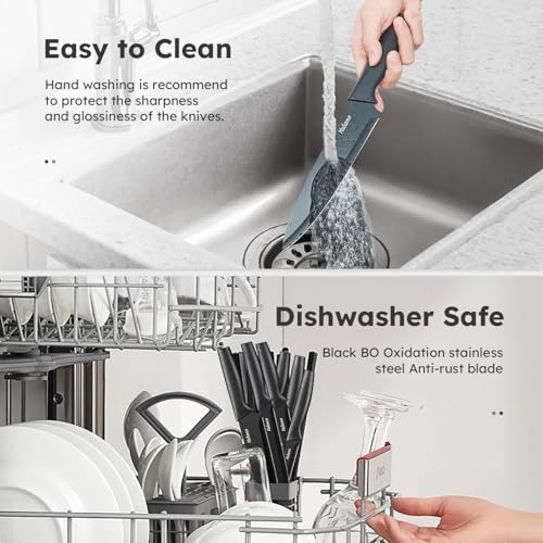 Yabano Juego de Cuchillos de Cocina, Juego de Bloque de Cuchillos de Cocina de Acero Inoxidable de 14 Piezas con Afilador Incorporado, Negro - imagen 5