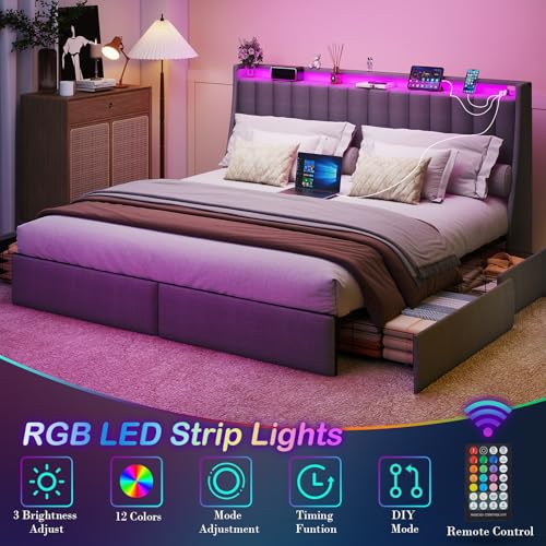 Image of Full Size Upholstered Bed Frame with 4 Storage Drawers and Charging Station | Metal Platform Bed with LED Lights and Storage Headboard, No Box Spring Needed, Easy Assembly, Noise-Free, Gray