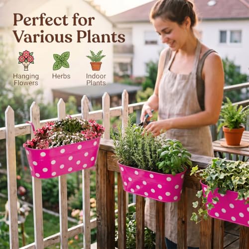 Image of TrustBasket Dotted Oval Railing Planters Basket - Magenta (Set of 5) | Heavy-Duty UV Stabilized Metal Flower Pots for Railings, Fence & Balcony, Indoor Outdoor Herb, Flower & Decorative Plants