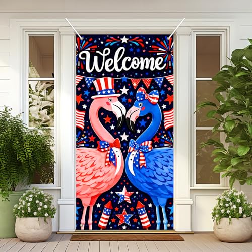 Image of BlissYard Welcome Patriotic Flamingo Door Cover 71x35 Inch 4th of July Front Door Cover Decoration Red White Blue Flamingo Door Banner Independence Day Porch Door Cover July 4th Door Decorations
