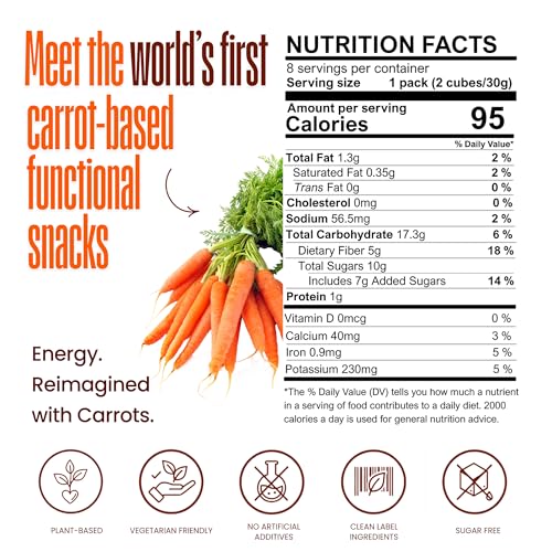 Image of PEPCUBES Carrot Snack Bites with Peanuts (8 Pack), Made from Real Carrots, Soft, Chewy, Real Ingredients, Naturally Sweetened, High Fiber, Steady Energy, Gluten Free, Dairy Free, Low Calorie, Plant Based, Gut-Friendly | 8 ct, 1.06 oz each