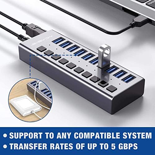 Powered USB Hub Acasis 10 Ports 48W USB 3.0 Data Hub with Individual On/Off Switches, 12V/4A Power Adapter USB Hub 3.0 Splitter for Laptop, PC, Computer, Mobile HDD, Flash Drive and More