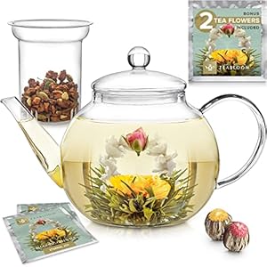Teabloom Stovetop & Microwave Safe Teapot (40 oz) with Removable Loose Tea Glass Infuser – Includes 2 Blooming Teas – 2-in-1 Tea Kettle and Tea Maker