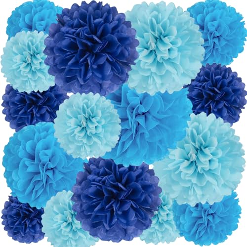 Image of 18 PCS Tissue Paper Pom Poms Flowers, Sizes 6 inch, 10 inch, 12 inch, 14 inch Hanging Paper Flower Ball for Wedding, Birthday, Halloween, Christmas, Baby Shower Party Decor (Blue Royal Blue)