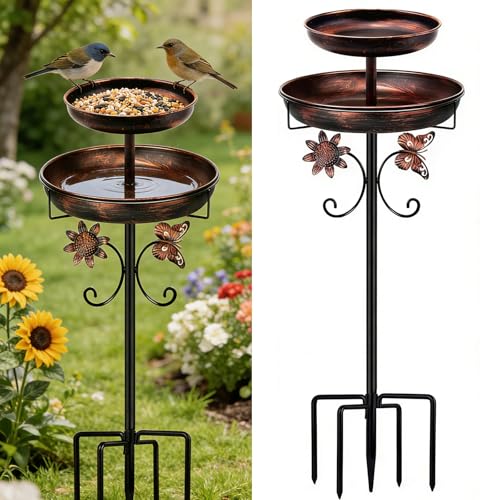 45In Vintage Metal Bird Feeder with Bath Double Bowl 2-in-1 Bird Feeders and Bird Baths Supports for Outdoor Garden Patio Yard Lawn Bird Supplies