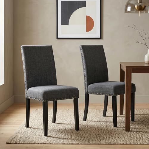 Image of Roundhill Furniture Biony Gray Fabric Dining Chairs with Nailhead Trim, Pack of 2