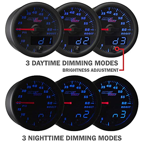 MaxTow Double Vision 35 PSI Turbo Boost Gauge Kit - Includes Electronic Pressure Sensor - Black Gauge Face - Blue LED Illuminated Dial - Analog & Digital Readouts - for Trucks - 2-1/16" 52mm - Image 5