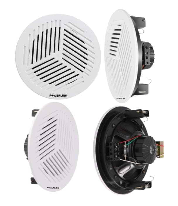 Powerlink 6-Inch 10-Watt Wired in Flush Mount Ceiling Speakers for Bathroom, Kitchen, Home Theater, Covered Porches (Pack of 4, Plastic Grill) (with LMT)