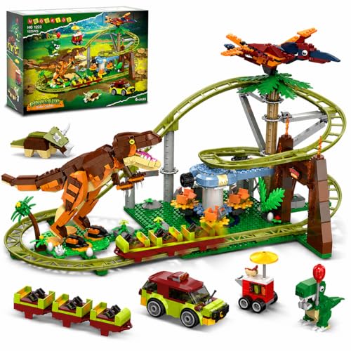 HOGOKIDS Juguete de Bloques de construcción de montaña Rusa de Dinosaurios – 1222 Piezas de Juguete de construcción de montaña Rusa con 4 Dinosaurios, vehículos Todoterreno, Modelos de Dinosaurio