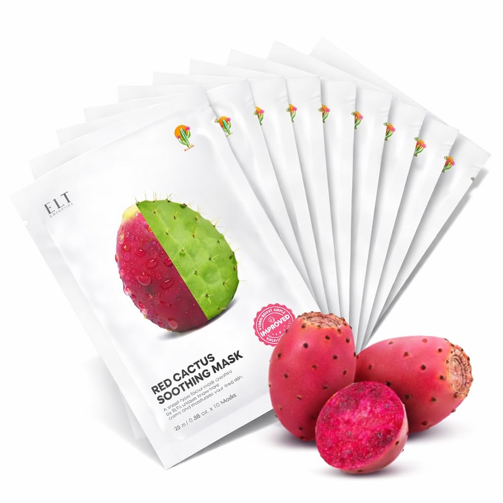 ELT Red Cactus Extract Sheet Mask 10 Pack (5,000 ppm) - Hydrating & Plumping Korean Face Mask with Hyaluronic Acid - Brightening & Anti-Aging Care, Vegan Korean Skincare (25g / 0.88 oz Each)