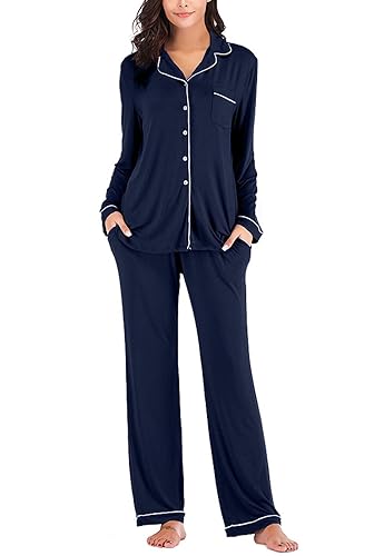 Aamikast Women's Pajama Sets Long Sleeve Button Down Sleepwear Nightwear Soft Pjs Lounge Sets - Navy Blue - X-Large
