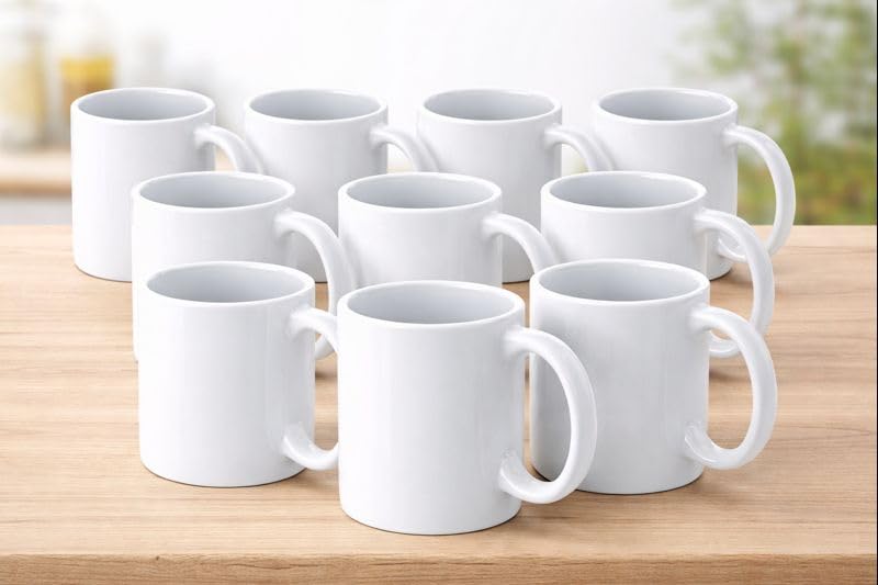 Genérico Lote 10 Tazas Blancas de Cerámica 11 oz para Sublimación – Aptas para Microondas y Lavavajillas – Taza Lisa para Regalo, Eventos y Uso Diario