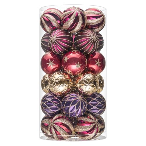 JORNOY Adornos de bolas de Navidad, 30 unidades, irrompibles, juego de bombillas colgantes con cuerda para decoración de fiestas en el hogar, 60 mm, morado y dorado