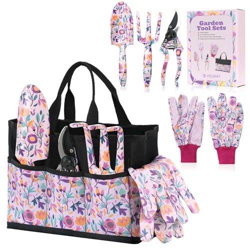 Velway Gartenwerkzeug Set 7-TLG – Mamas Geschenk mit Tasche & Handschuhen, Gartengeräte mit Blumenmuster, ideales Gartengeschenk für Damen, Muttertag, Geburtstag, Weihnachten